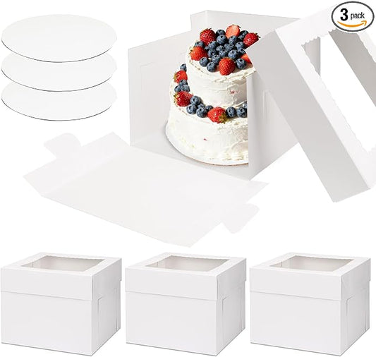 3 Pack Cake Boxes 10 Inch Tall Bakery Carrier with Boards (10x10x8 Inches) | Cost-effective cake boxes with boards which made of thick cardboard, easy to assemble and carry, suitable for birthdays