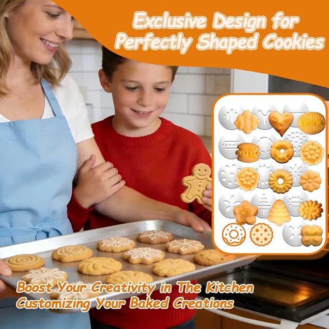 Cookie Press Gun Kit, Spritz Cookie Maker with 13 Discs & 8 Icing Tips, 2 Donut Molds & Piping Bags, Stainless Steel Baking Set for Cookies, Donuts, Churros & Cake Decorating