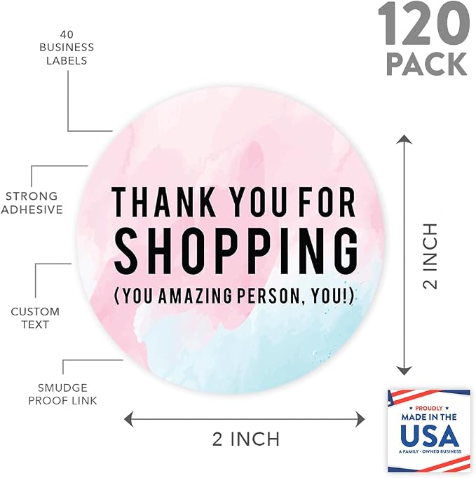Andaz Press Round Small Business Sticker Labels, 120-Pack, Watercolor Thank You for Shopping, You Amazing Person, You!, Packaging Stickers, Product Labels for Small Business Thank You Stickers