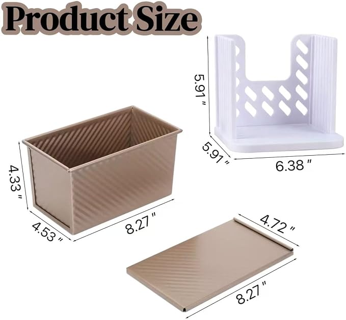 Pullman Loaf Pan with Lid, 1 LB Dough Capacity Non-Stick Bakeware, Bread Slicer for Homemade Bread, Carbon Steel Corrugated Gold Bread Toast Box Mold with Cover