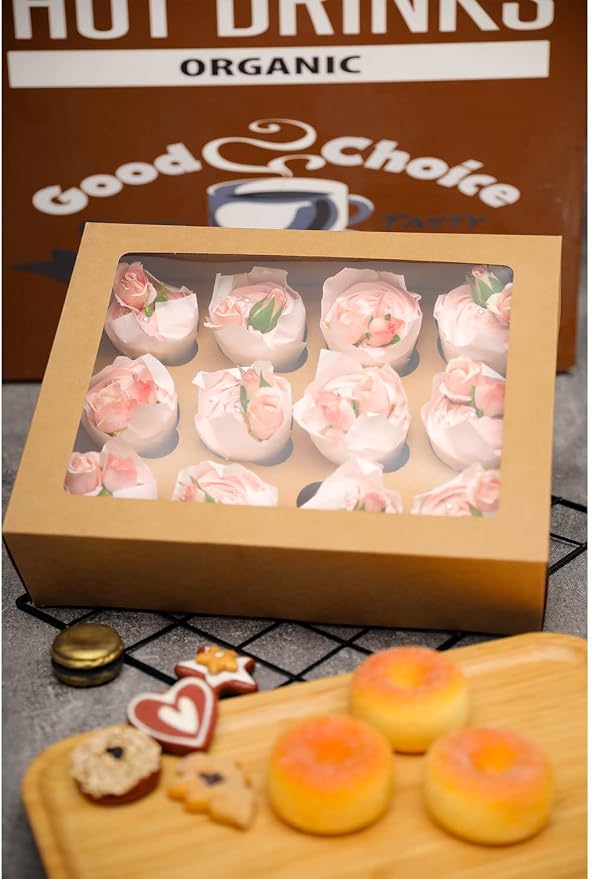 Bakepacker Auto-pop Up Cupcake Boxes with Window Brown 40PCS 12 Count Cupcake Box 13"x10"x3.5" Cupcakes Carrier, 12 Cupcake Containers with 2 rolls of pink ribbons