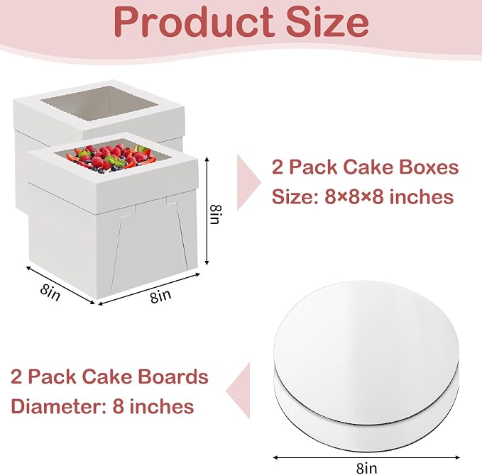 WINKIO Cake Box with Cake Boards, 2 Pack 8 In Disposable Cake Carrier, Cakes Transport Container, White Bakery Holder with Window (2, white, 8x8x8 Inches)
