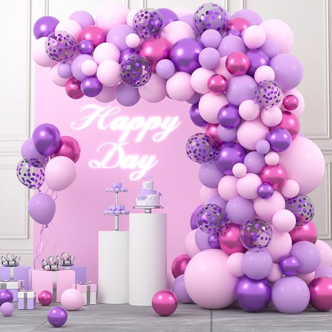 Purple Pink Balloon Garland Arch Kit, Pink and Purple Balloons Red Metallic Confetti Balloons for Birthday Bridal Baby Shower Graduation Retirement Christmas Wedding Party Decorations