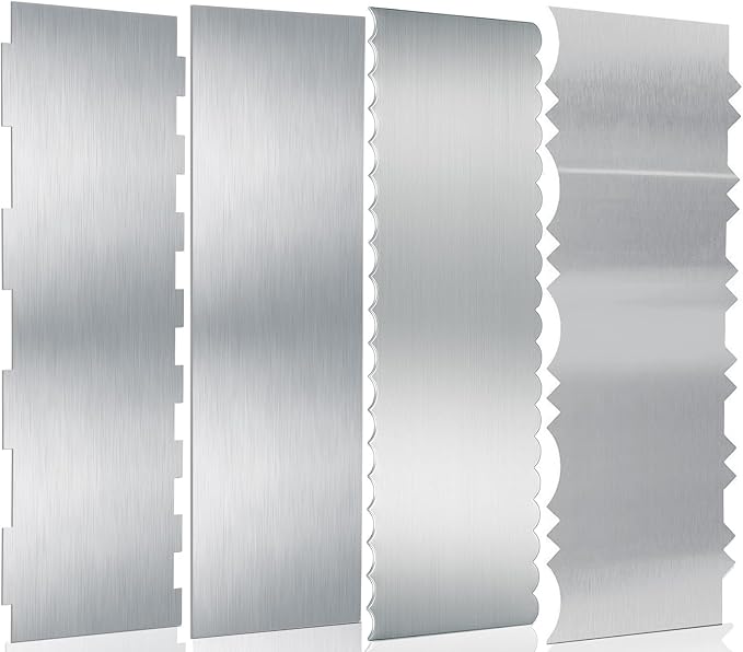 Stainless Steel Cake Scraper, 9 Inch Large Cake Smoother Scraper Contour Double Sided Patterned Edge Stripe Tool Pastry Cutter in 6 Patterns for Different Shapes of Comb Cake Edges (4 Pieces, 9 Inchs)