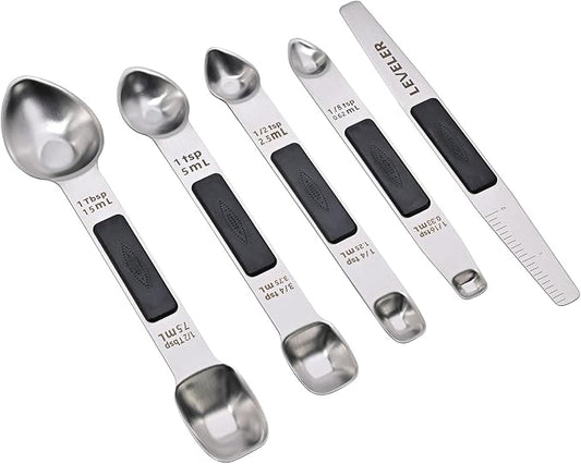 Magnetic Measuring Spoons,Stainless Steel Dual Sided Tablespoons,Extra Long Handle for Deep Jars,Heart-Shaped&Square Heads that More Easier to Excavate,Laser Markings,Non-Slip Grip(set of 5)