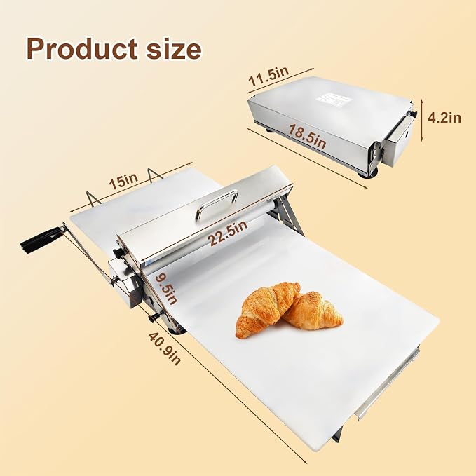 40.9''x15.5" Folding Dough Sheeter with Sheeter Board 0–25 mm Portable Manual Dough Roller Machine Stainless Steel Sheeter Thickness Adjustable for Pizza Dough, Puff Pastry Dough
