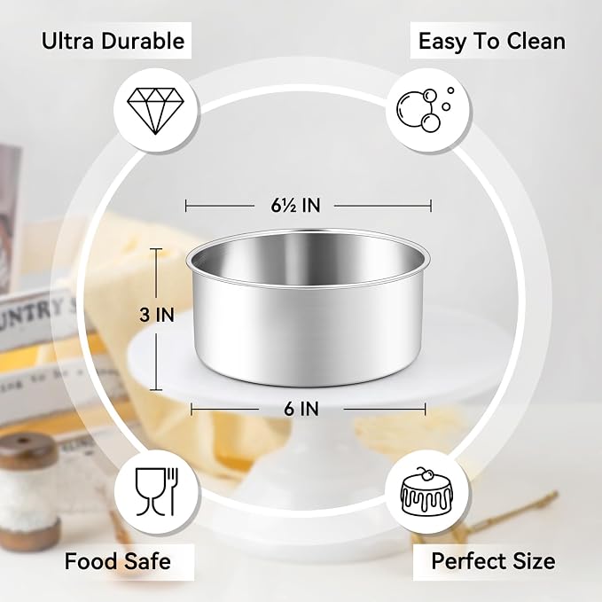 Leonyo 6 Inch Cake Pans, Stainless Steel Round Cake Baking Pans Set of 2, 6” x 3” Deep Baking Tins for Even Heating, Non Toxic & Healthy, Heavy-Duty, Dishwasher Safe