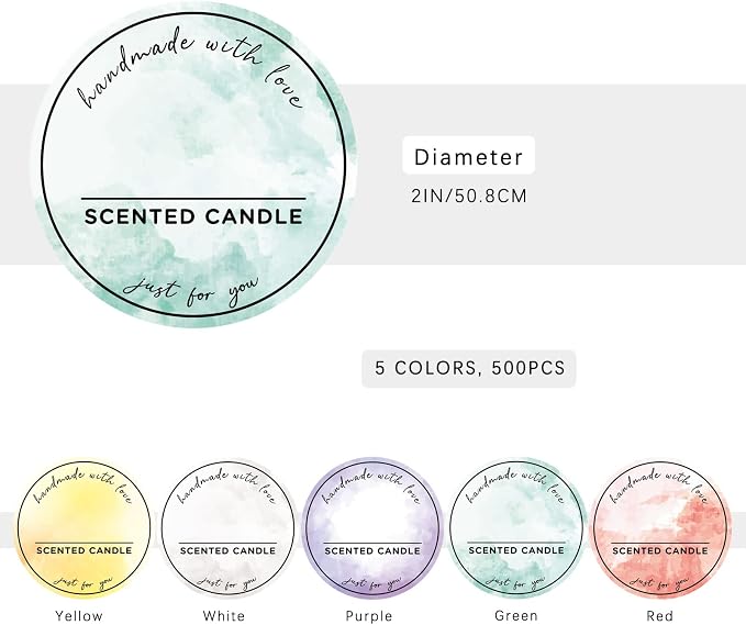 500pcs Preprinted Scented Candle Labels, 5 Watercolors Handmade with Love Stickers, Waterproof Candle Labels for Hand Making, Small Business Supplies, Candle Tins/Boxes Packaging/Container (2inch)