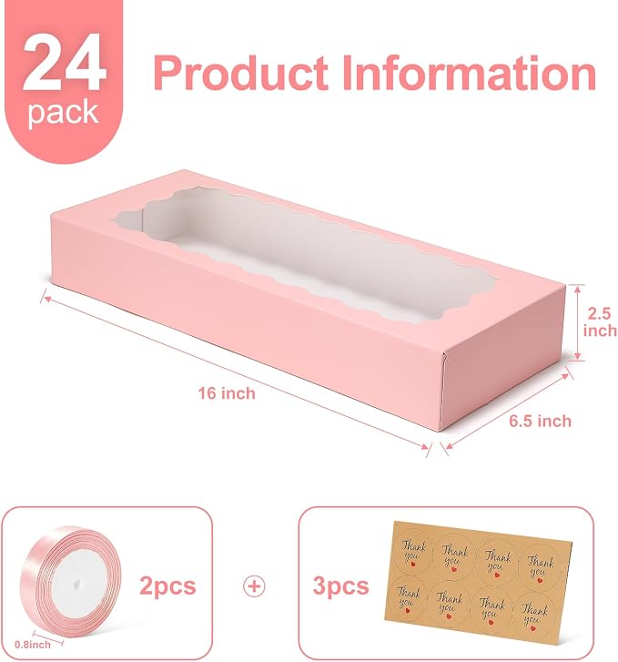 24 Pack Bakery Boxes with Window, 16x6.5x2.5 Inch Pink Auto-Popup Cookie Box with Ribbon and Sticks, Long Treat Boxes for Cookies for Strawberries, Champagne, Cake Pops, Donuts