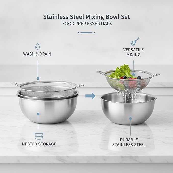 Stainless Steel Mixing Bowl Set with Nested Strainer for Washing, Draining, and Food Prep