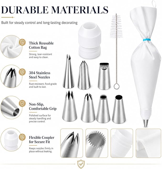 10-Piece Reusable Piping Bags and Tips Set-Cotton Baking Kit with Coupler,16inch Pastry Bags,Stainless Steel Nozzles & Cleaner for Cakes/Cupcakes/Cookies Decorating (10 Pcs)