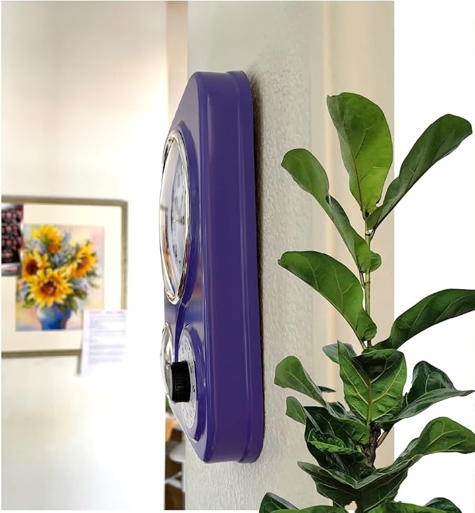 Lily's Home - 9 Inch x 12.5 Inch - Retro Kitchen Wall Clock, Vintage Wall Clock with a Thermometer and 60-Minute Timer, Ideal for Any Kitchen, Office, or Diner (Purple)