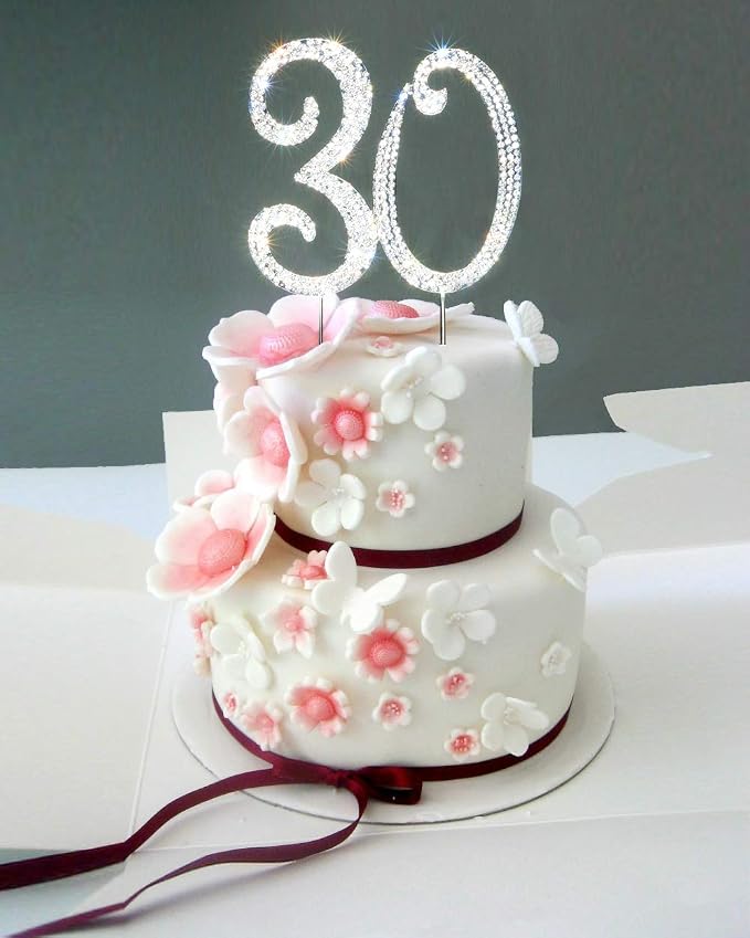 Scotamalone 30 Cake Topper Silver Premium Bling Rhinestone Diamond Gems 30th Birthday or Anniversary Party Decoration Ideas