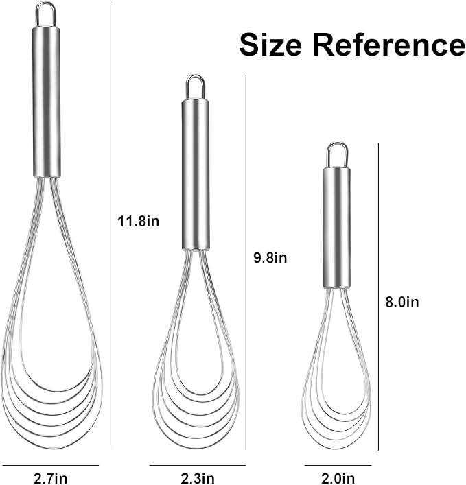 Flat Whisk Stainless Steel Flat Whisk for Cooking Kitchen Flat Wire Whisk Set Egg Mixing Whisks for Cooking, Blending, Whisking, Beating and Stirring, (3Pack, 8 Inch, 10 Inch, 12 Inch)