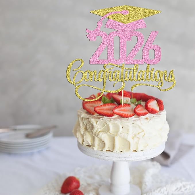 Golden pink 2026 Congratulations Graduation Cake Topper,Congrats Grad Cake Decor - 2026 High School/College/Senior Graduation Party Decorations Supplies