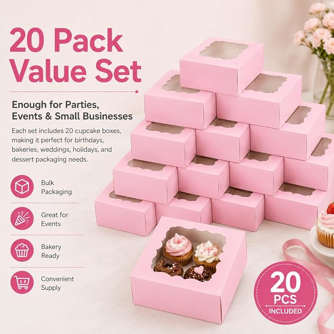 Cupcake Boxes with Window, 20 Pack 6.5x6.5x3 Inch Bakery Boxes for 4 Cupcakes, Muffins, Cookies & Pastries, Disposable Dessert Boxes with Insert Holder (Pink)