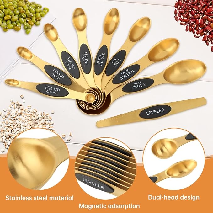 13pcs Gold Stainless Steel Measuring Cups and Spoons Set, 8 Double-Sided Magnetic Measuring Spoons & 4 Metal Measure Cups & 1 Leveler for Liquid Dry Ingredients Cooking Baking(COLOR:Gold)