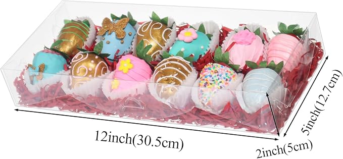 RomanticBaking 12PCS 12x5x2 Inch Clear Treat Boxes for Chocolate Covered Strawberries, Cocoa Bombs, Donuts, Muffins, Pastries, Bakery, Cookie, Macaron, Gift Boxes for Party Favors
