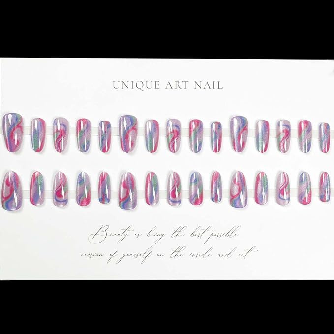 30Pcs Press on Nails Short Almond ZWENJIE Cat Eye Fake Nails Press ons Nail Tips Stick on Nails Tip Acrylic Nails Kit French False Nails with Colorful Blend Design Nail Art for Women Manicure