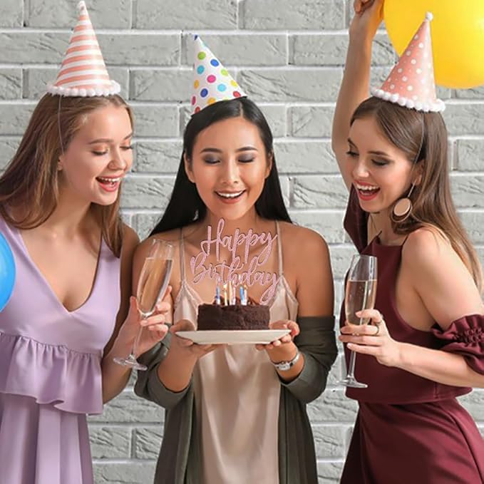 LVEUD Rose Gold Glitter Happy Birthday Cake Topper, 1 Count, 8x7 Inches, Cardstock, Ready to Sparkle, Safe & Non-Toxic