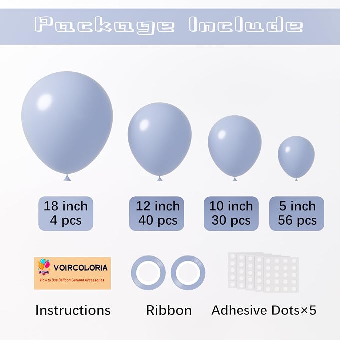 Voircoloria 130pcs Dusty Blue Balloons Different Sizes 18" 12" 10" 5" Slate Blue Balloons for Boys Girls Baby Shower Wedding Anniversary Graduation Engagements Birthday Party Decorations