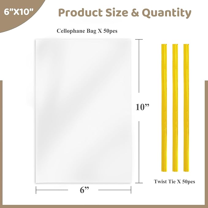 WIKDAY Cellophane Bags 50 PCS 6x10 Inches Clear Gift Gags with Ties Plastic Treat Party Favor Candy Bags for Gift Giving, Packaging Snack, Products