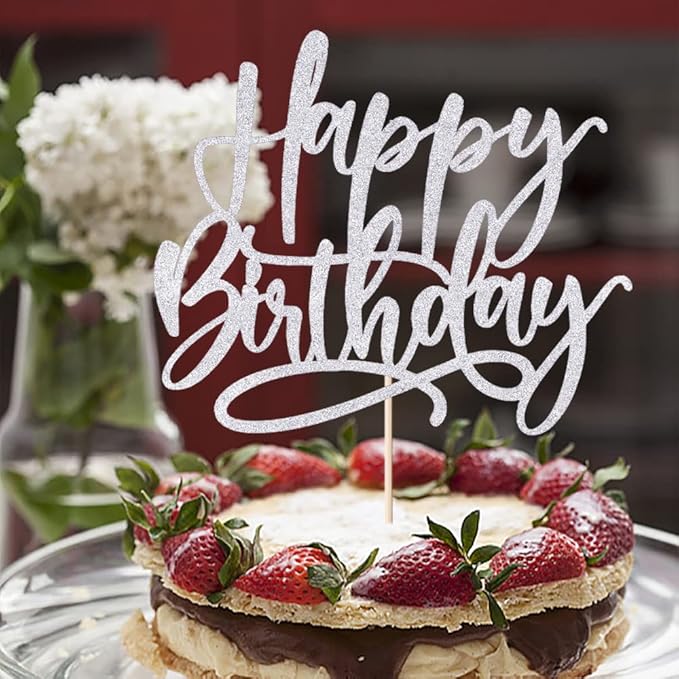 Kaoenla Silver Happy Birthday Cake Decoration-boys and girls, men and women Birthday/Anniversary cakes Selected decorative (Silver)