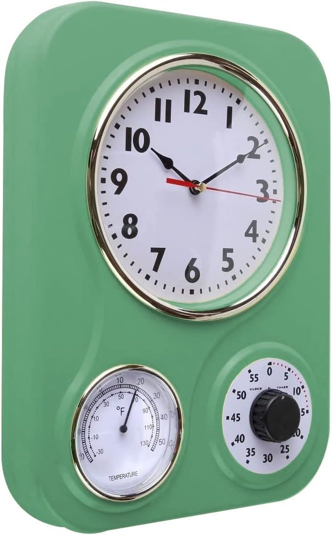 Lily's Home -9 Inch x 12.5 Inch - Retro Kitchen Wall Clock, Vintage Wall Clock with a Thermometer and 60-Minute Timer, Ideal for Any Kitchen, Office, or Diner (Retro Green)