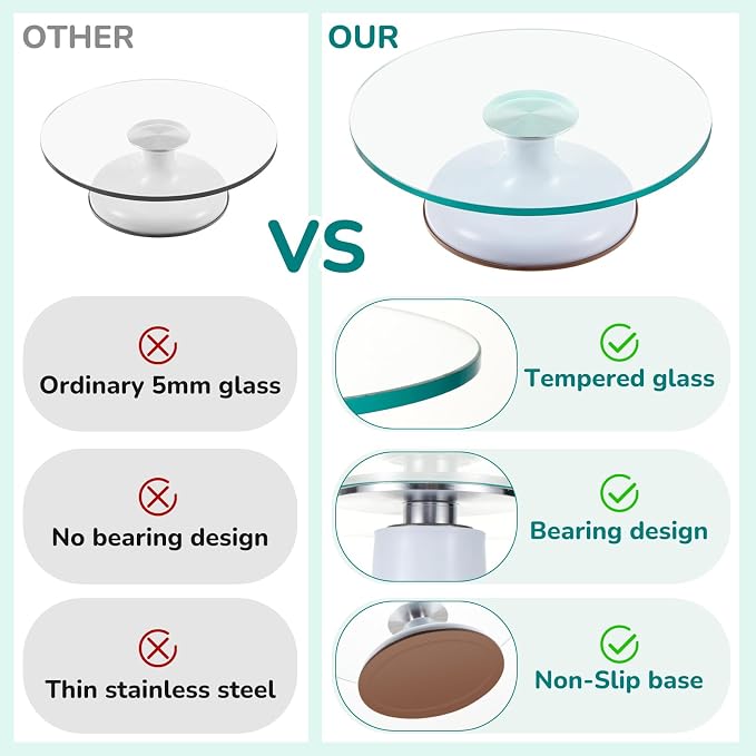 Willinglong 6 Pcs 12 Inch Cake Turntable Set Glass Rotating Cake Spinner Stand Decorating Supplies with 2 Aluminum Alloy Spatulas 3 Icing Smoother Scraper for Birthday Wedding Party Baking
