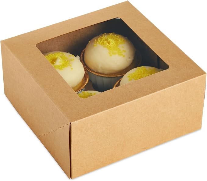 Juvale Cupcake Boxes - 6 x 6 in, 24 Count, Brown - 4-Cup Insert & Clear Window Cupcake Containers & Muffin Boxes