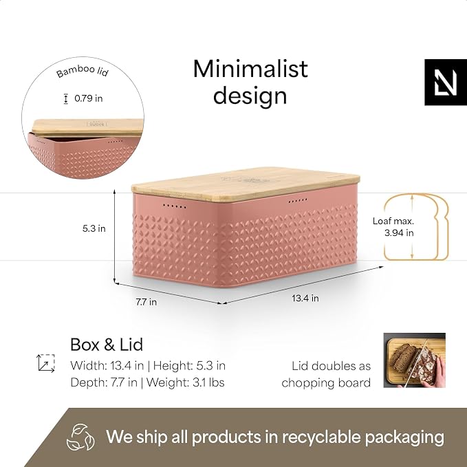 LARS NYSØM Bread Box I Metal Box for long lasting freshness I Bread Bin with bamboo lid usable as cutting board I 13.4x7.7x5.3In (Brick Red)