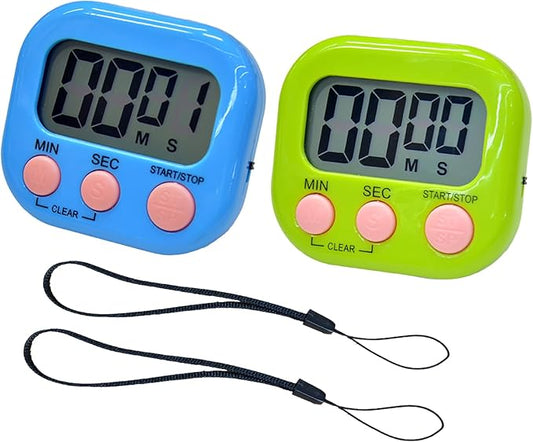 2 Pack Small Digital Kitchen Timer Magnetic Back and On/Off, Classroom Timers for Teachers Kids, Count Up Count Down Loud Alarm Stop Memory Function for Cooking Study Work Exercise (1, Blue+Green)
