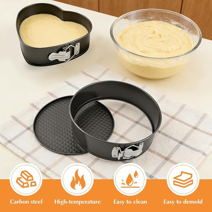 Springform Pan Set of 3 (7,8,9 Inch) - Round, Square and Heart Shaped Leakproof Cheesecake Pans with Removable Bottom, Nonstick Carbon Steel Cake Tin for Valentine‘s Day, Anniversary Baking