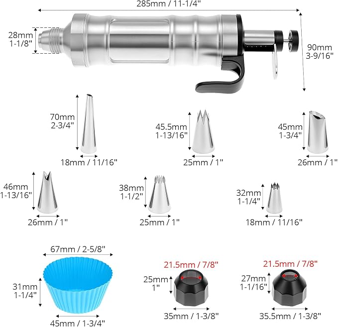 QWORK Dessert Decorating Syringe Set, 304 Stainless Steel Frosting Icing Piping Kit with 6 Replaceable Tips and 8 Silicone Cupcakes - Ideal for Cakes, Cupcakes, Cookies