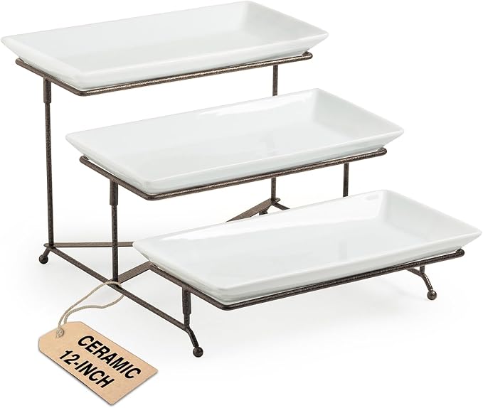 LAUCHUH 3 Tier Serving Tray for Party, Porcelain Tiered Serving Tray Stand Collapsible Sturdier Metal Rack Fruit Tray with 2 Cross Bars for Father's Day Dessert Party Display Set, 12 Inch, Bronze