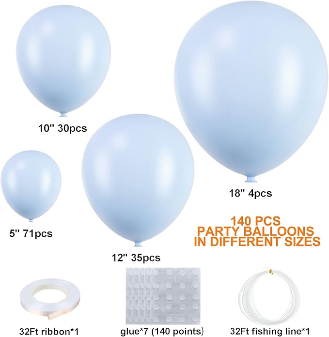 140Pcs Pastel Blue Balloons Baby Blue Balloon Garland Arch Kit 5/10/12/18 Inch Latex Light Blue Balloons Different Sizes as Gender Reveal Baby Shower Birthday Blue Theme Party Decorations