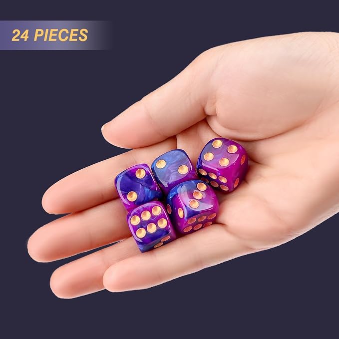 24 of Pack 16MM 6 Sided Dice Set,Two Colours D6 Game Dice Set, 6 Sided Standard Dices for Yahtzee, Bunco or Teaching Math,with Portable Dice Pouch(Purple and Blue)