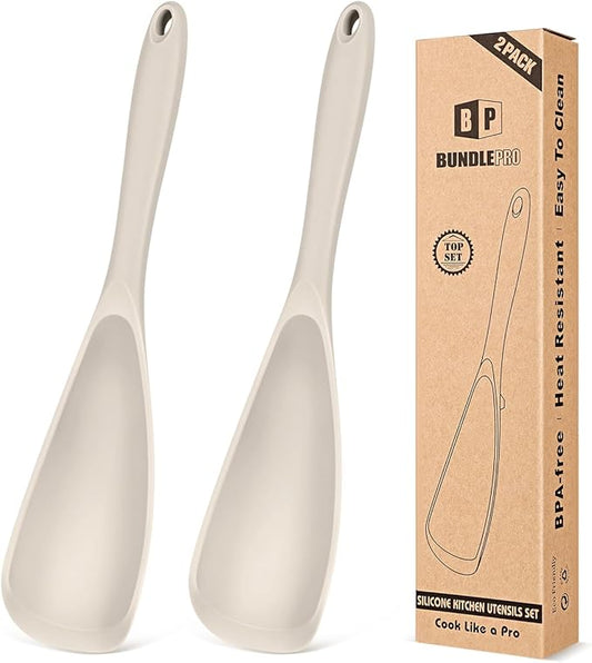 Pack of 2 Cooking Spoons for Non Stick Cookware, Multifunction Spatula Spoon BPA-Free, One-Piece Design, Suitable for Scooping, Scraping, Serving and Mixing (KHAKI-KHAKI)