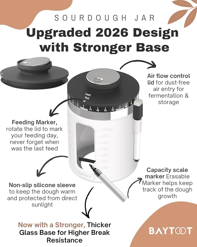 Sourdough Starter Jar Kit 33oz – Wide Mouth Sourdough Fermentation Jar, Upgraded 2026 Sour dough Container Reinforced Thick Glass Base, Airflow Lid, Feeding Tracker & Thermometer (White)