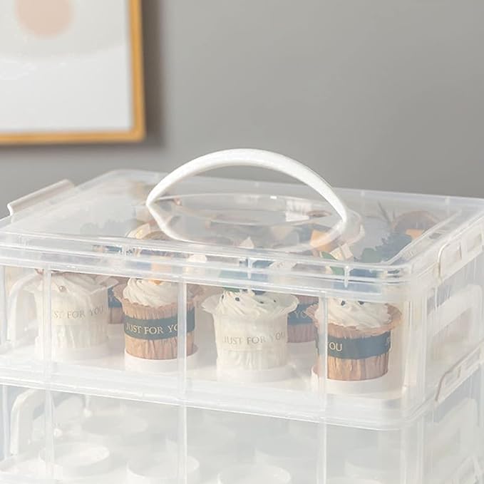 3 Tier Cupcake Carrier with Lid,Holds 36 Cupcakes or 3 Large Cakes Food Transporter Container with 3 Tier Stackable Layer Insert