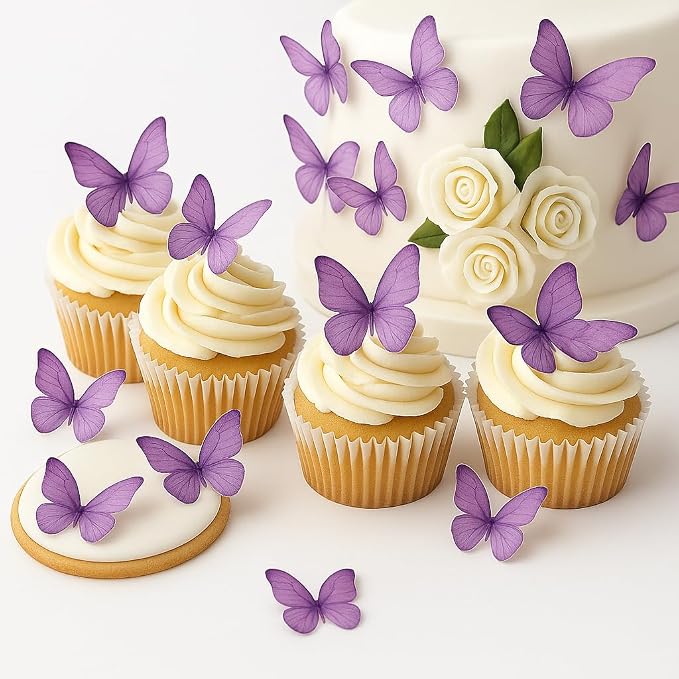 Confect Edible Wafer Paper Butterflies Set of 56 – Colorful Purple Butterfly Cake Decorations, Cupcake Toppers for Birthday, Wedding, Party – Edible Butterfly Toppers