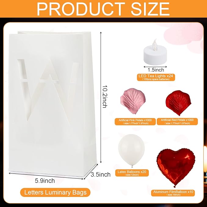 It was Always You Luminary Paper Bags with LED Flameless Candles and Rose Petals Balloons Light Up Letters for Valentines' Day Anniversary Proposal Special Romantic Decorations