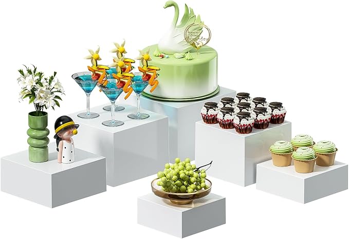 6 Pcs White Acrylic Boxes for Display as Buffet Risers and Stands, Food Risers for Party, Table, Stands, including 10", 9", 8.5", 8", 7.5", 6.8", (Large, 6Pcs, White)