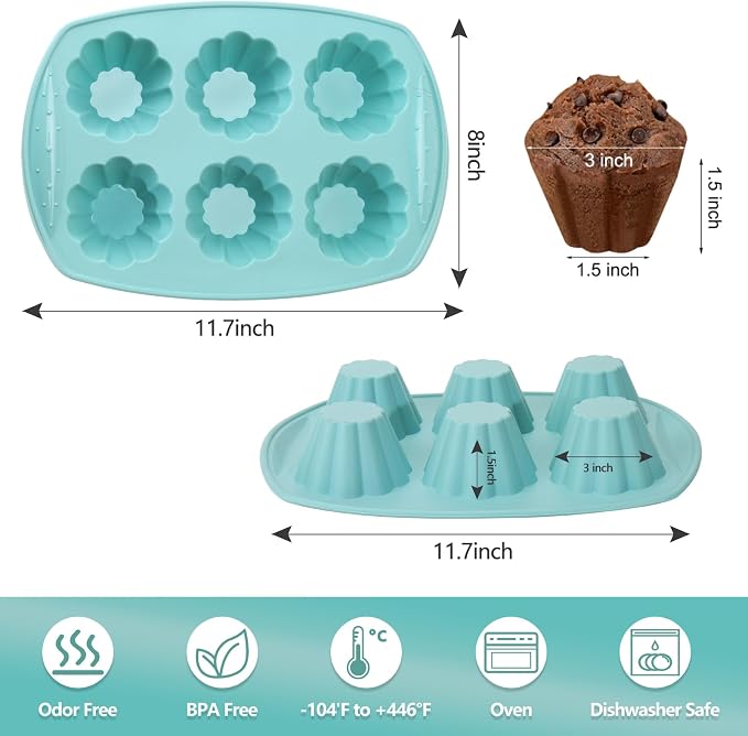 6-Cavity Silicone Muffin Pan, Flower Shape Non-Stick Baking Mold for Cupcakes, Egg Tarts, Fruit Pies, Brownies, Oven & Dishwasher Safe (-104°F to +446°F), BPA-Free Flexible Bakeware