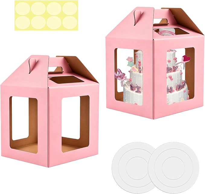 Cake Boxes - 2 Pack Tall Cake Box 12x12x14 Inch | Disposable Layer Carrier with 6 Window Large Tierd Cake Out Transport Containers with Handle for Wedding Birthday, Party-Pink