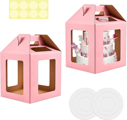Cake Boxes - 2 Pack Tall Cake Box 12x12x14 Inch | Disposable Layer Carrier with 6 Window Large Tierd Cake Out Transport Containers with Handle for Wedding Birthday, Party-Pink