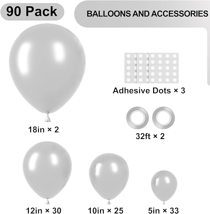 Voircoloria 90pack Metallic Silver Balloons Different Size 18/12/10/5 Inch Chrome Silver Balloon Garland Arch Kit for Graduation, Wedding, Birthday, New Year, Baby Shower Decorations