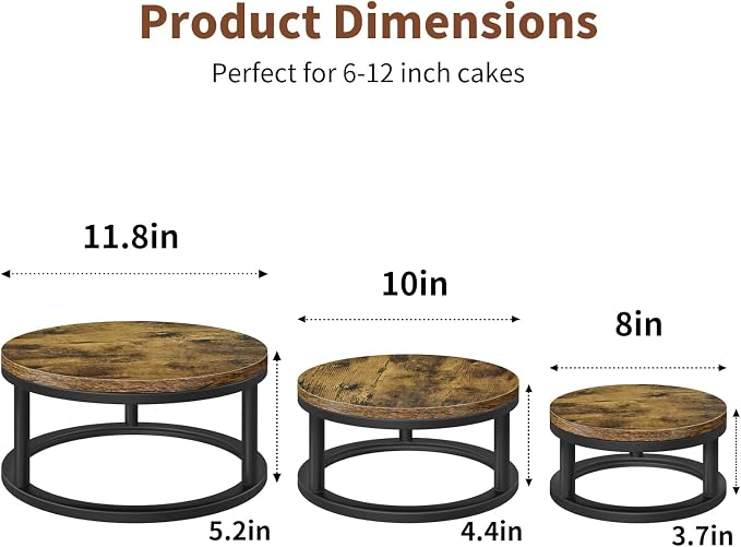 Cake Stand Set, 3 Packs Round Cupcake Stand Cake Pedestal Stand (8"/10"/12" Plate) Industrial Rustic Wood Rustic Dessert Table Display Stand Set Serving Tray for Party, Wedding, Birthday, Baby Shower