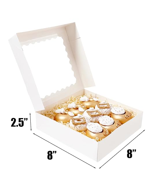 Bakepacker 90pcs White Pie Boxes 8x8x2.5 inches Easy Assemble Macaroon Cookie Boxes Bakery Boxes with Window for Bakery (Auto-pop Up)