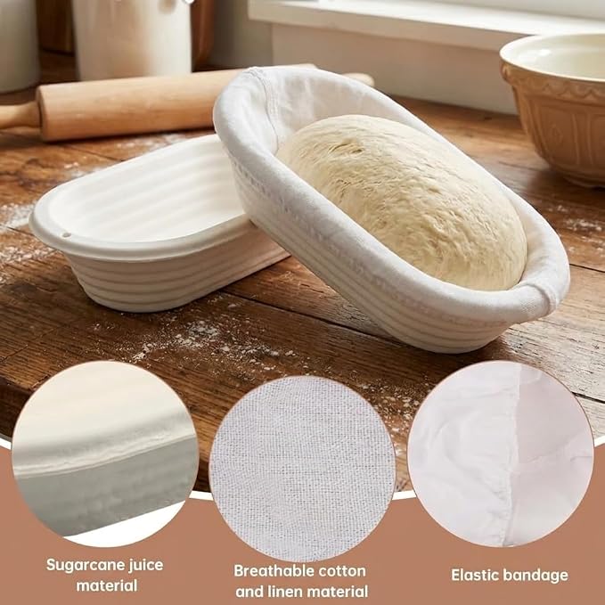 2 Pack Bread Proofing Baskets, 11" Oval Banneton Proofing Basket with Breathable Linen Liners and Bread Lame, Reusable Loaf Banneton Basket for Professional & Home Sourdough Bread Baking